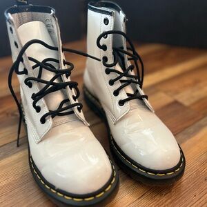 Dr. Martens White Patent Lace-Up Combat Boots with Black Laces